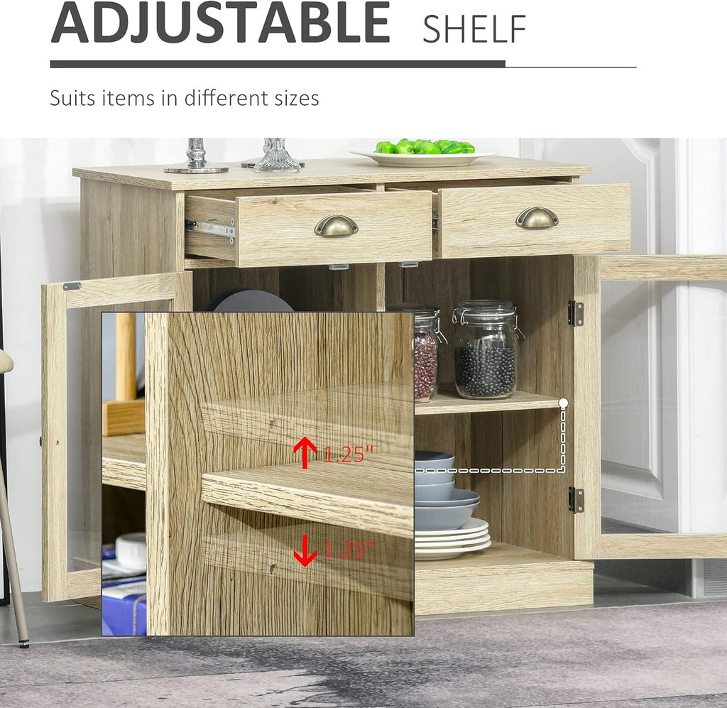 Rustic Oak Sideboard Storage Cabinet with 2 Glass Doors and 2 Drawers O86163