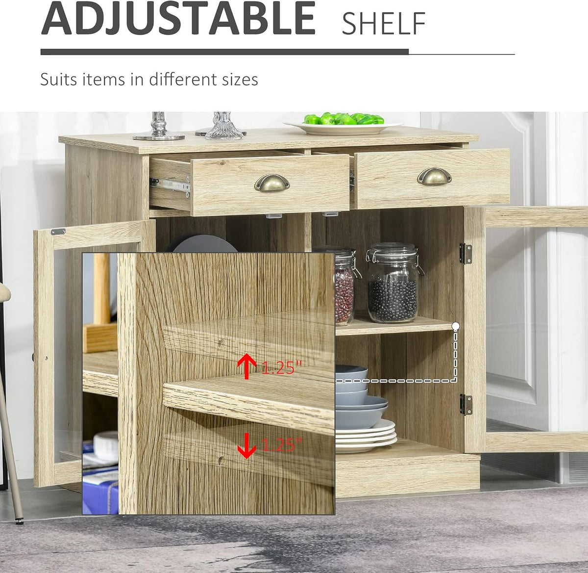 Rustic Oak Sideboard Storage Cabinet with 2 Glass Doors and 2 Drawers O86163
