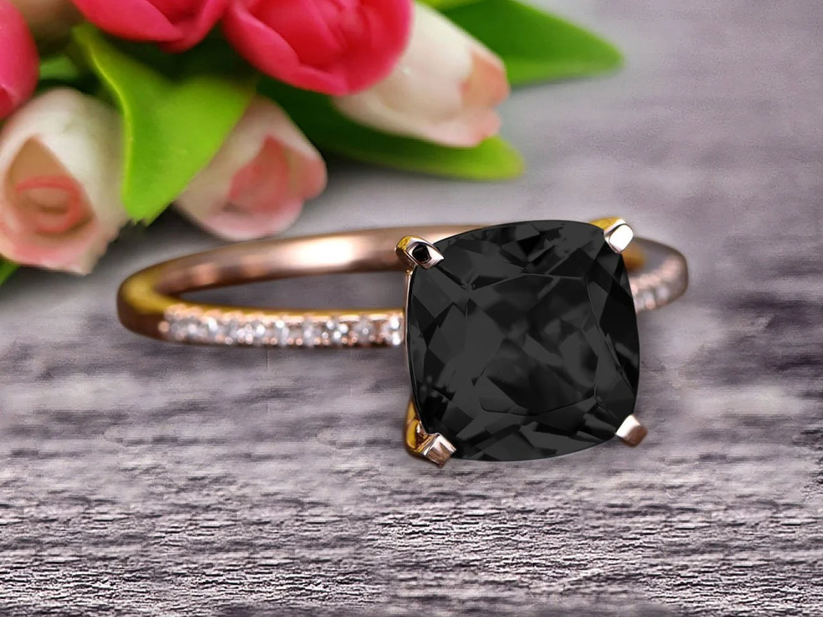 Art Deco Cushion Cut Black Diamond Moissanite Wedding Engagement Ring M7586