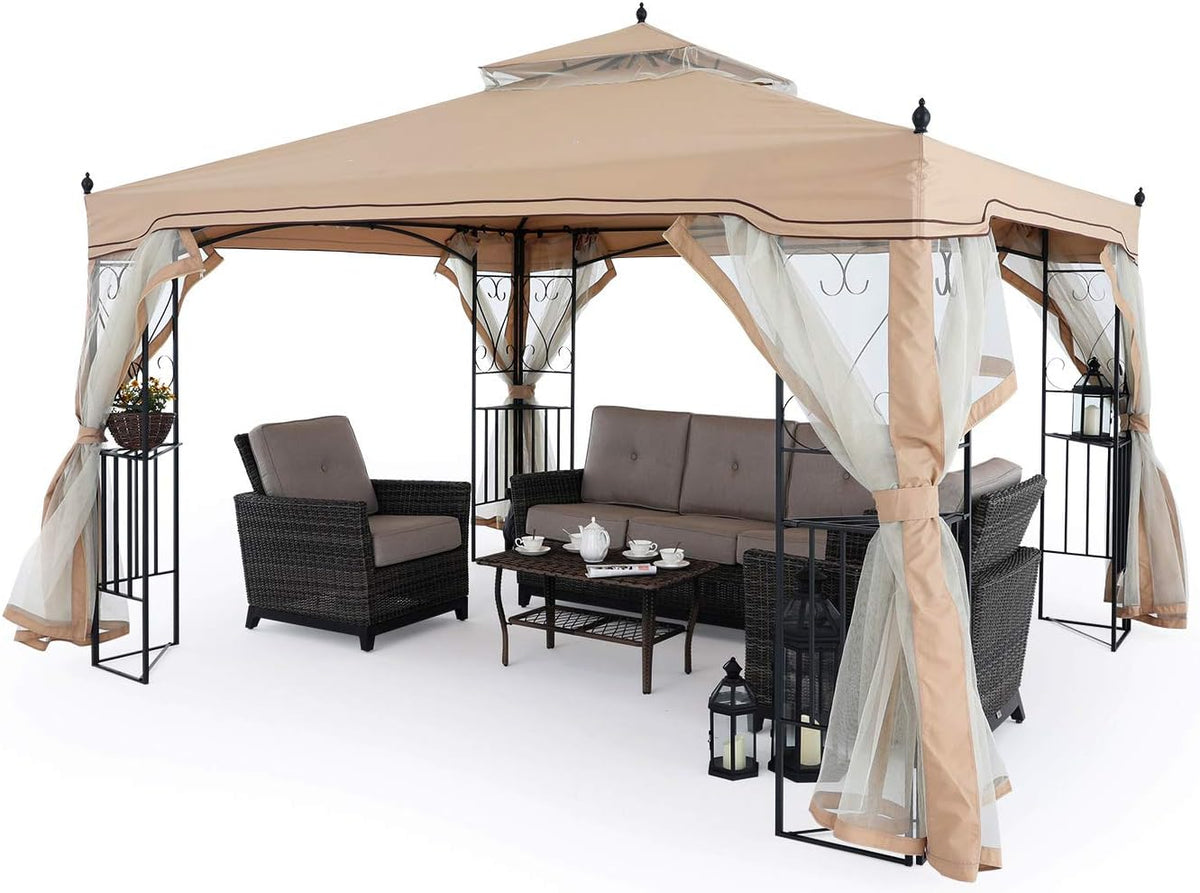 Beige Patio Gazebo with Netting Screen Walls X751567
