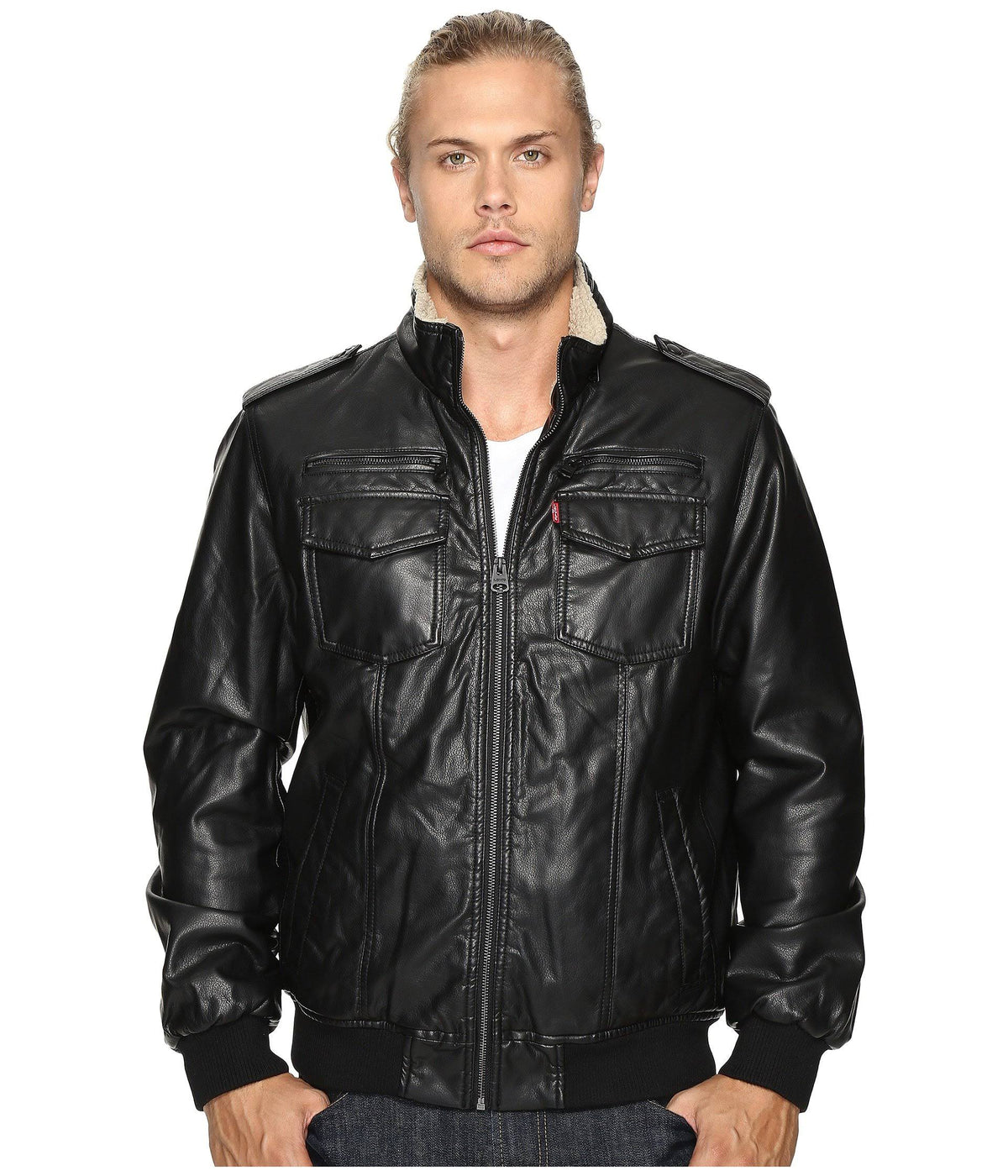 Black Sherpa Lined Faux Leather Aviator Bomber H959061