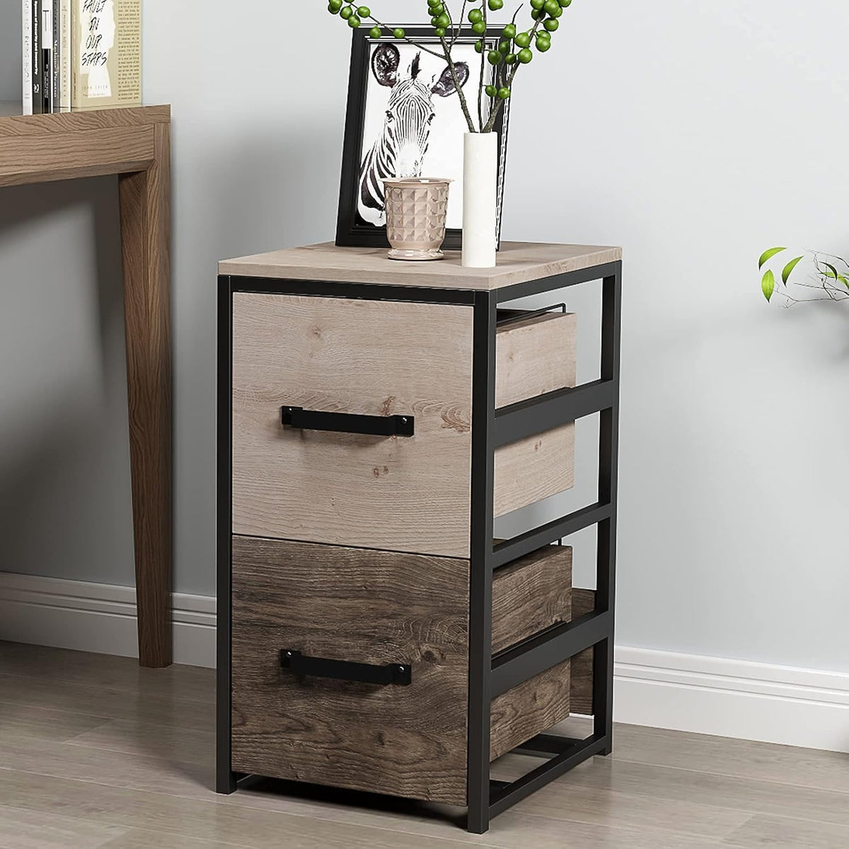 Wooden Lateral File Cabinet with Drawer, Open Storage Shelves D7559
