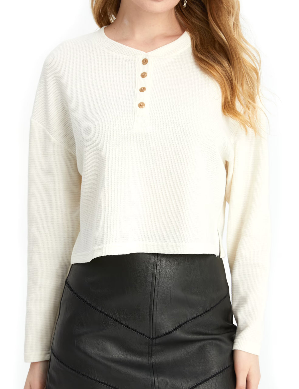 Oversized Long Sleeve Crop Top Waffle Ribbed F89179