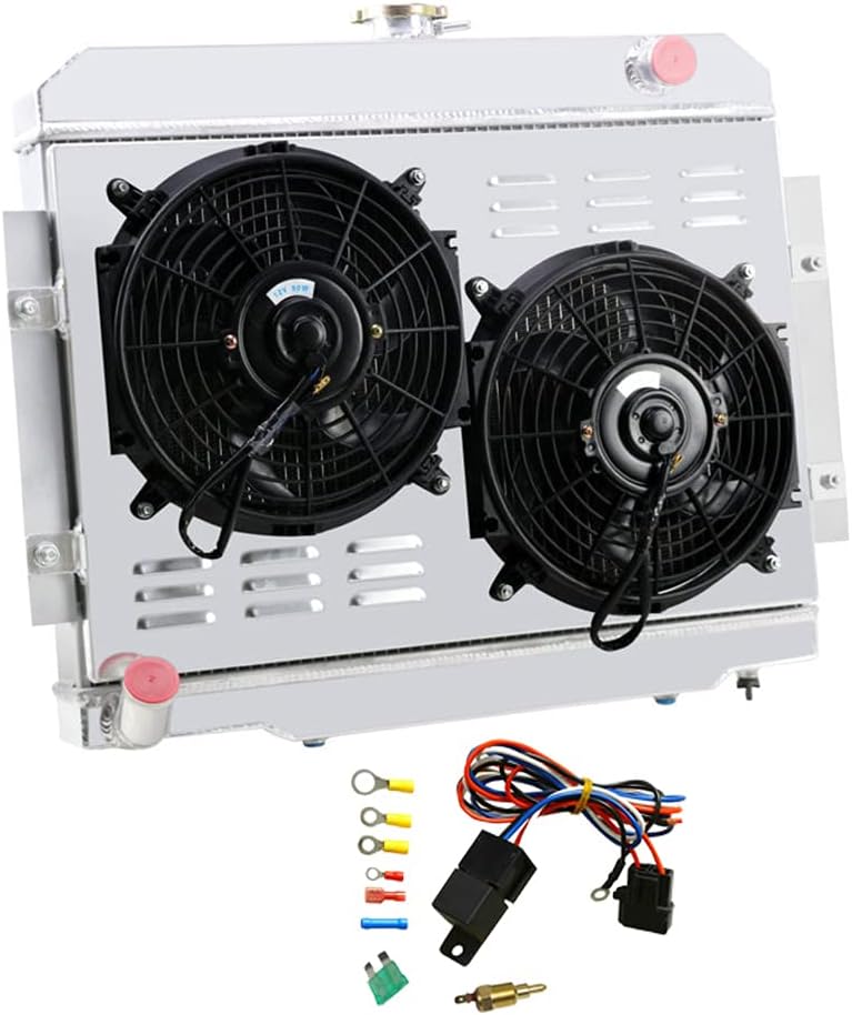 3 Row Core Aluminum Radiator with 2 x 12" Fans and Thermostat Relay Wire Kit for Jeep CJ5 CJ6 CJ7 Scrambler J692