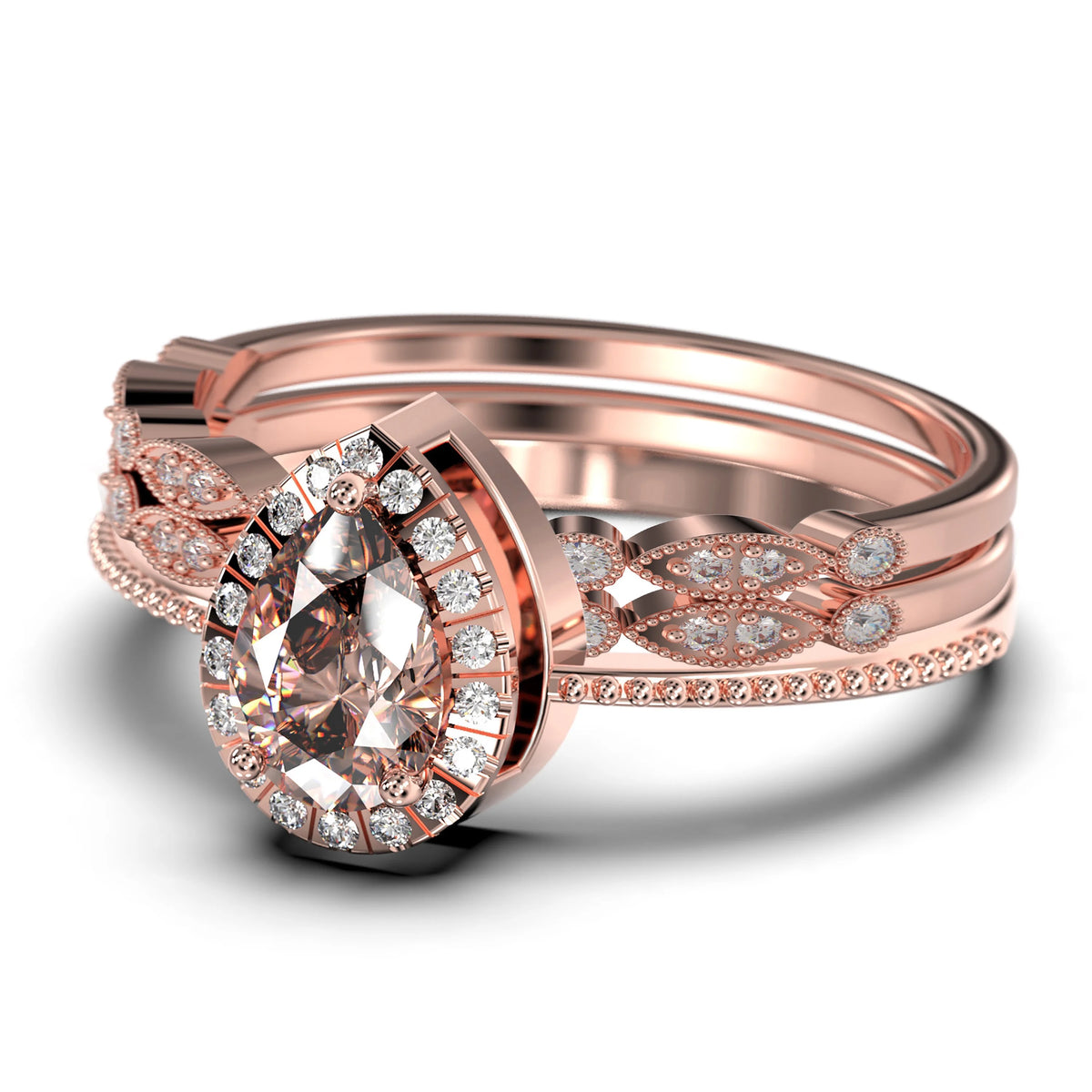 Vintage Pear Cut Morganite And Diamond Moissanite Engagement Ring Set in 925 Sterling Silver With 18k White Gold Plating J84270