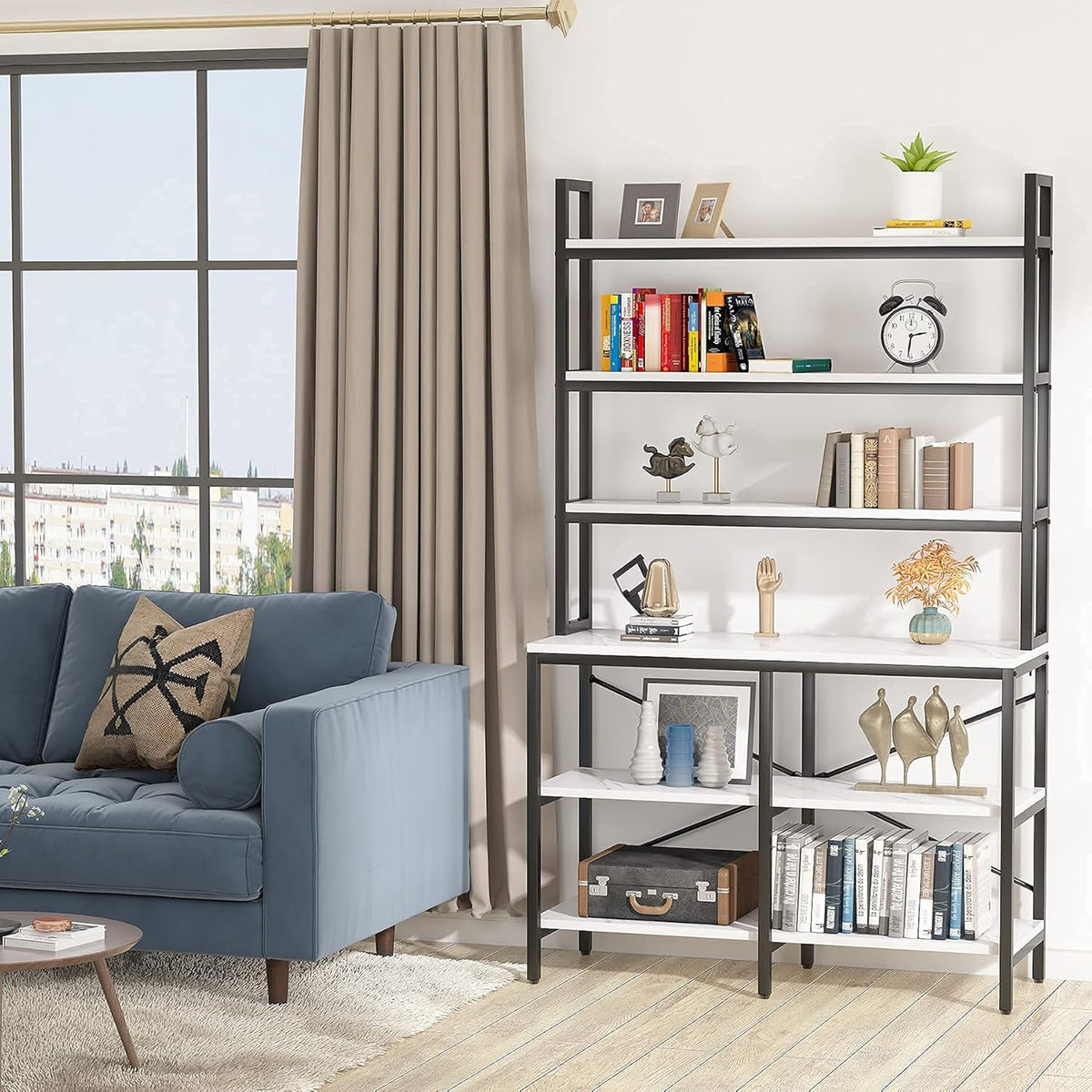 6-Tier Open Tall Bookcase with Iron Tube Frame (White) E1376