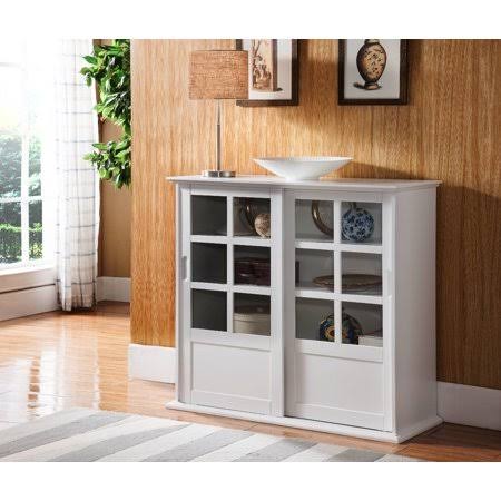 White Wood Curio Bookcase Display Cabinet with Glass Sliding Doors D7214
