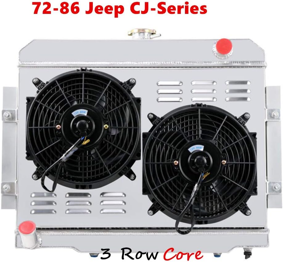 3 Row Core Aluminum Radiator with 2 x 12" Fans and Thermostat Relay Wire Kit for Jeep CJ5 CJ6 CJ7 Scrambler J692