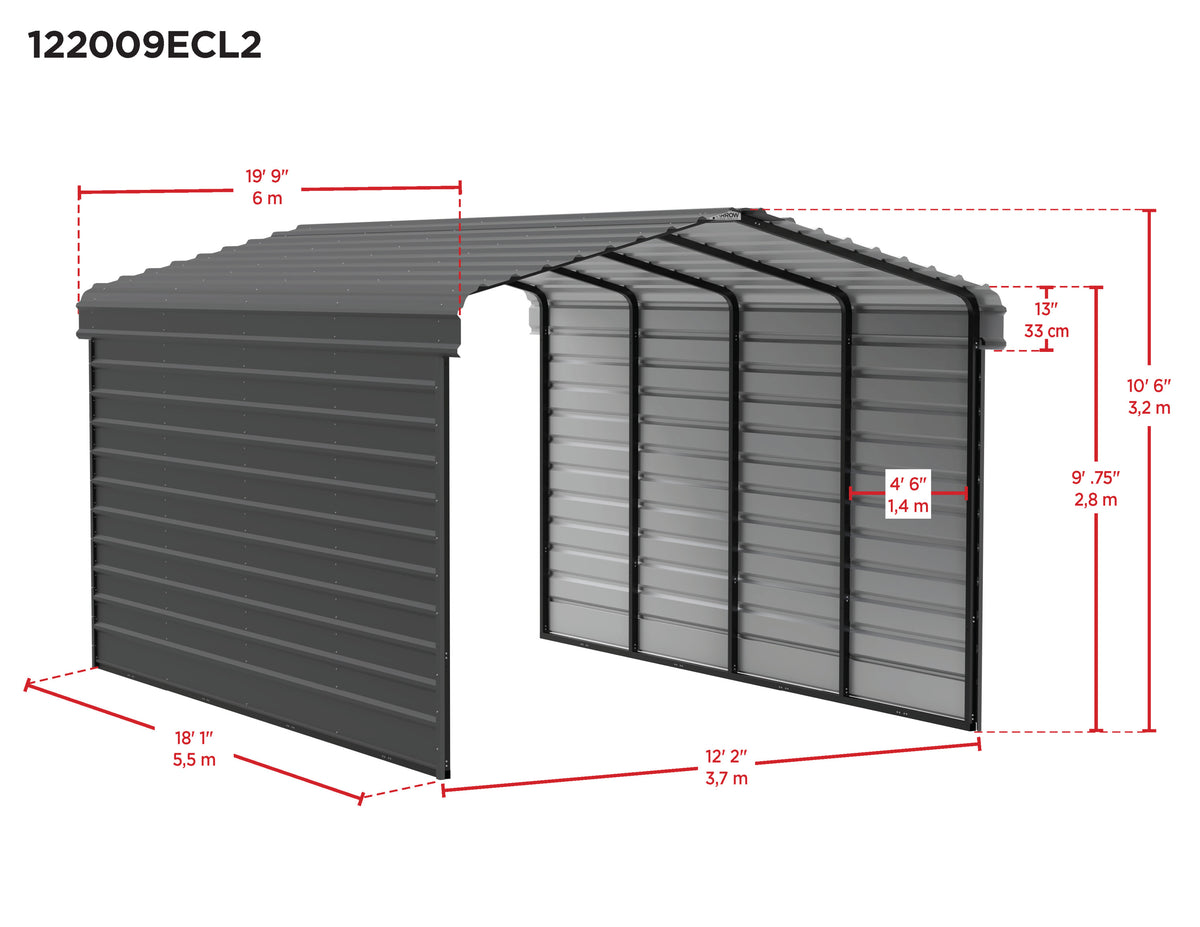 Galvanized Steel Carport Kit, 12' x 20' x 9', Charcoal W363