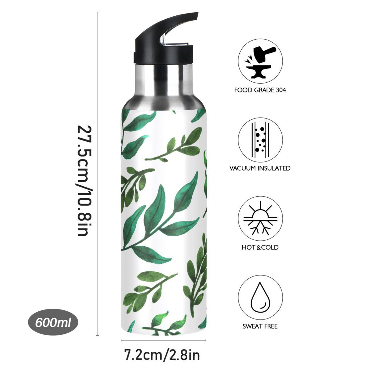 Leaf Green Stainless Steel Insulated Water Bottle with Straw Lid P191544