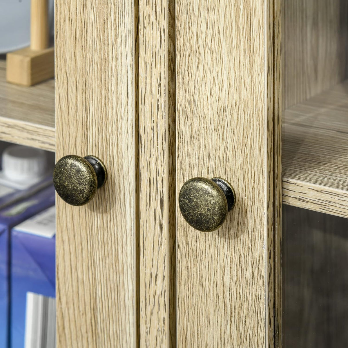 Rustic Oak Sideboard Storage Cabinet with 2 Glass Doors and 2 Drawers O86163