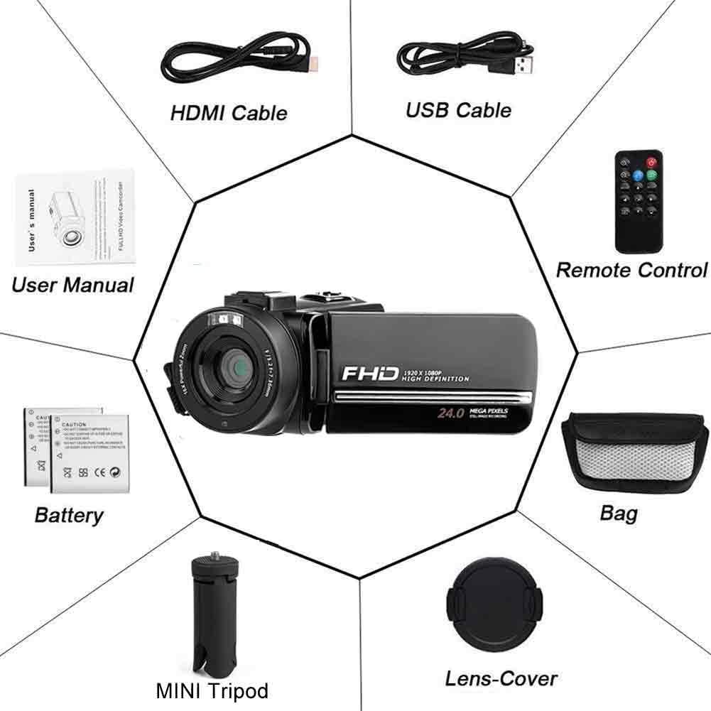 FHD 1080P 30FPS 24MP 16X Digital Zoom 3 Inch Touch Screen Video Camera Camcorder with Remote Control and Tripod V185