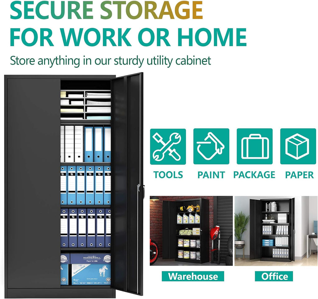 Black Metal Storage Cabinet with 4 Adjustable Shelves and Lockable Doors Z43276