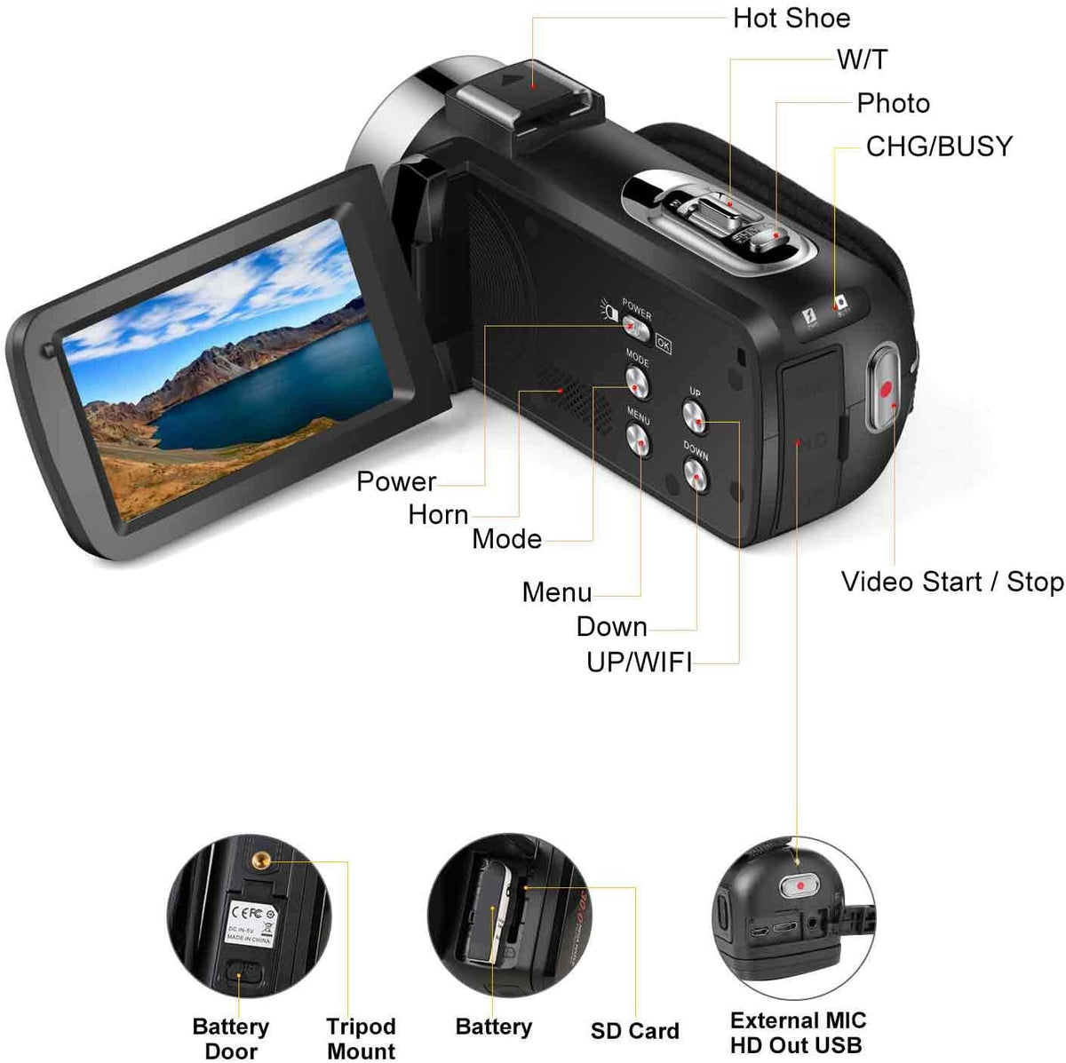 FHD 1080P 30FPS 24MP 16X Digital Zoom 3 Inch Touch Screen Video Camera Camcorder with Remote Control and Tripod V185