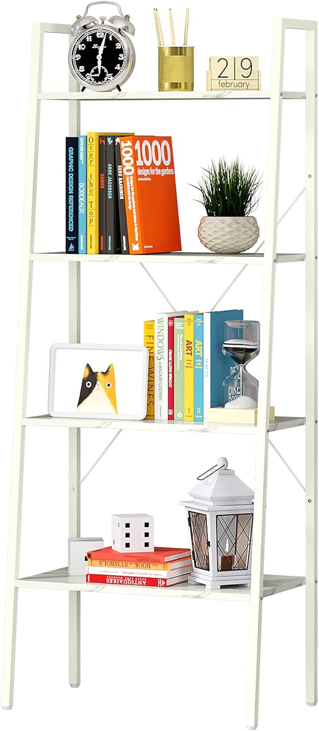 White Wood and Metal 4-Tier Ladder Bookshelf J242738