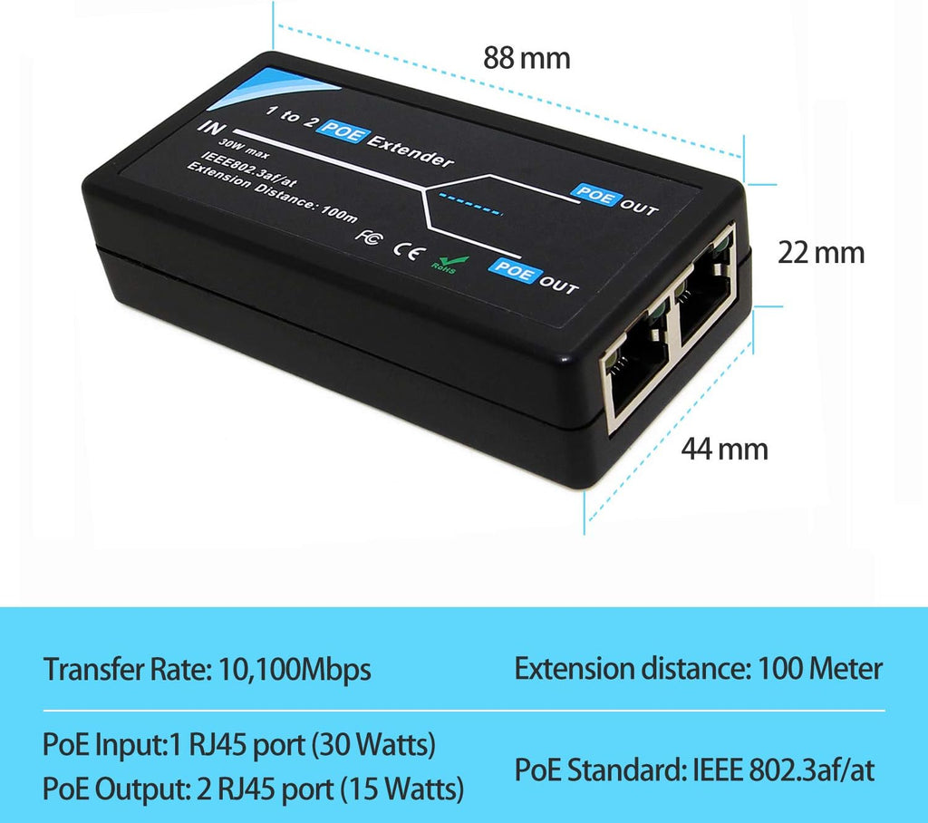 2 Port POE Extender Repeater 100 Meters 1 in 2 Out 10,100Mbps for Security POE Camera Over Cat5/Cat6 Cables A25893