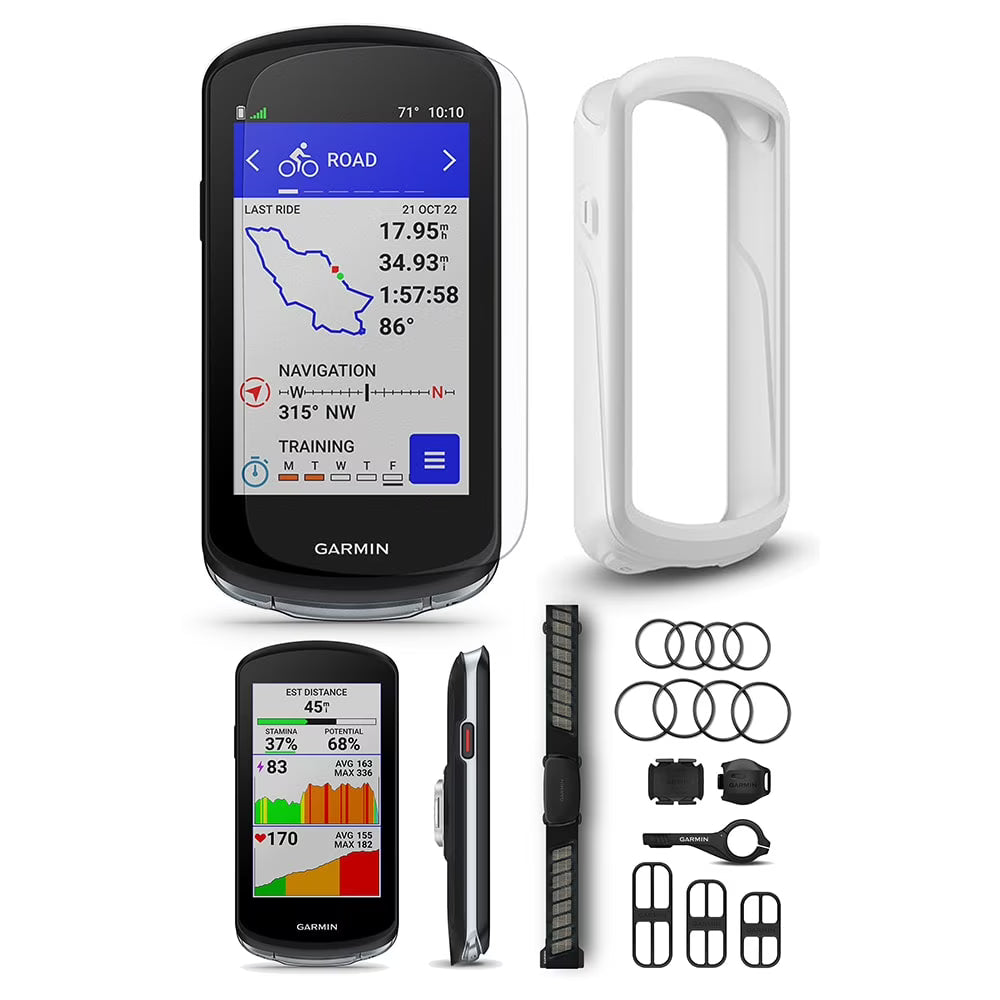 GPS Bike Computer Bundle with HRM, Speed & Cadence Sensor, Tempered Glass Screen, White Case & Tether L6110