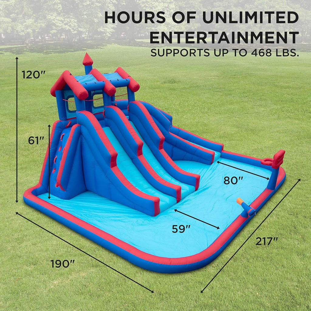 Mega Sport Inflatable Water Triple Slide Park with Climbing Wall, 3 Slides & Splash Pool F375
