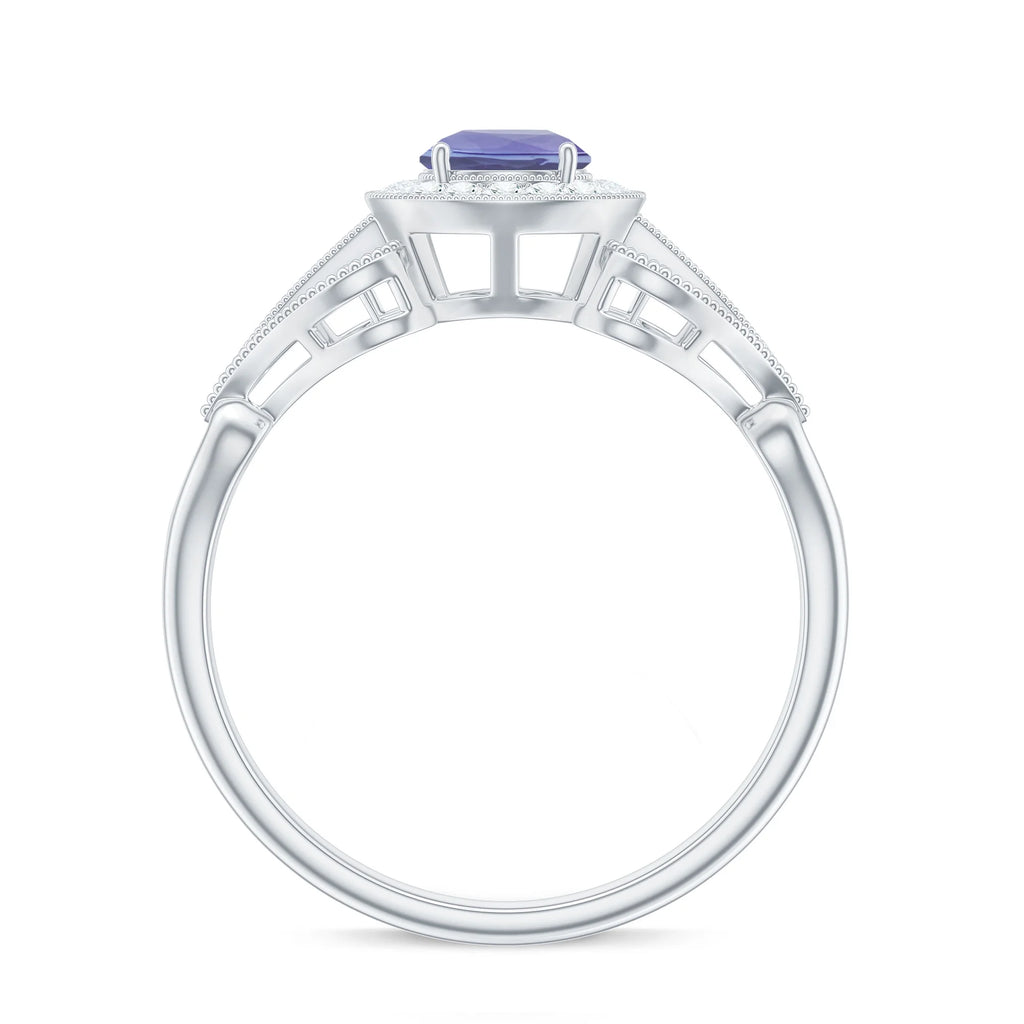 Tanzanite and Diamond Engagement Ring, 925 Sterling Silver, US 4.00 D895