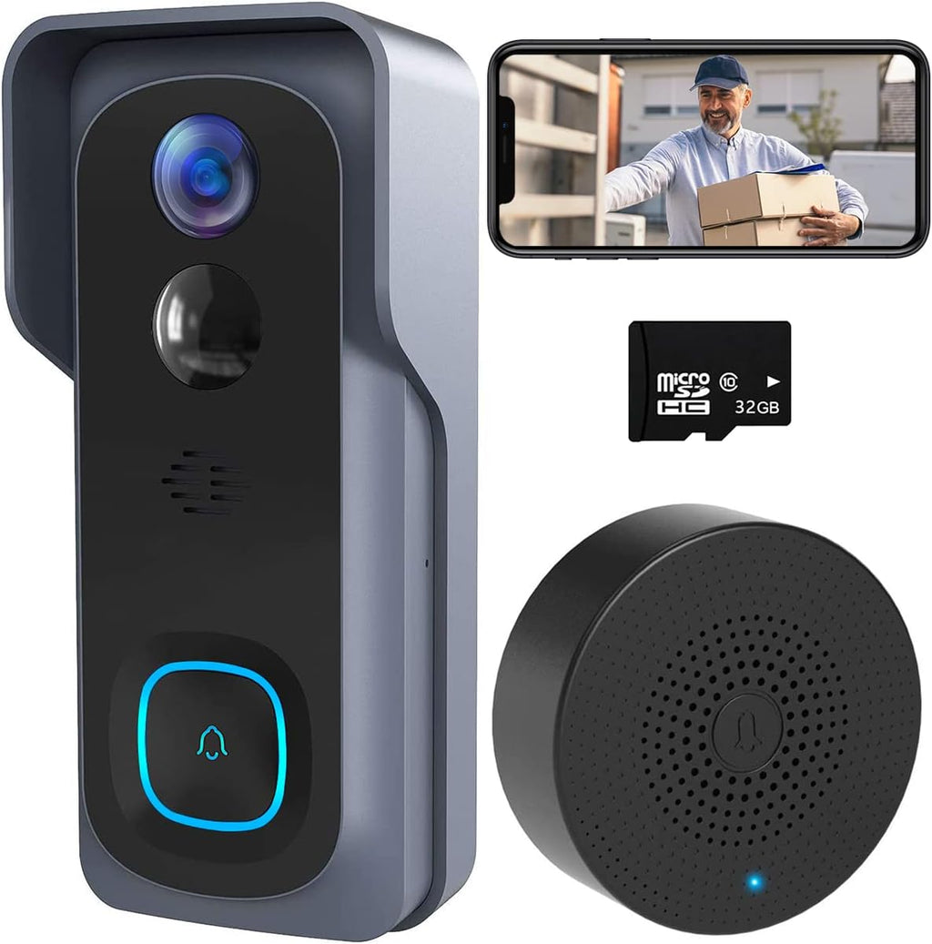 Wireless Video Doorbell Camera with Chime & 32GB SD Card, 1080P HD, Night Vision, 2-Way Audio, Rechargeable Battery U211342
