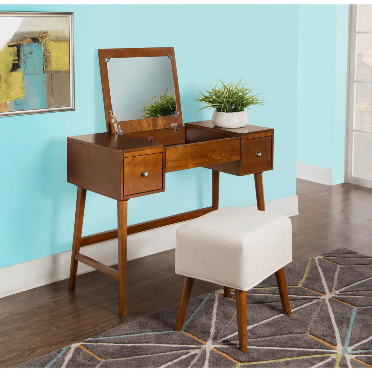 Walnut Brown Mid Century Vanity Set with Mirror and Stool K6511