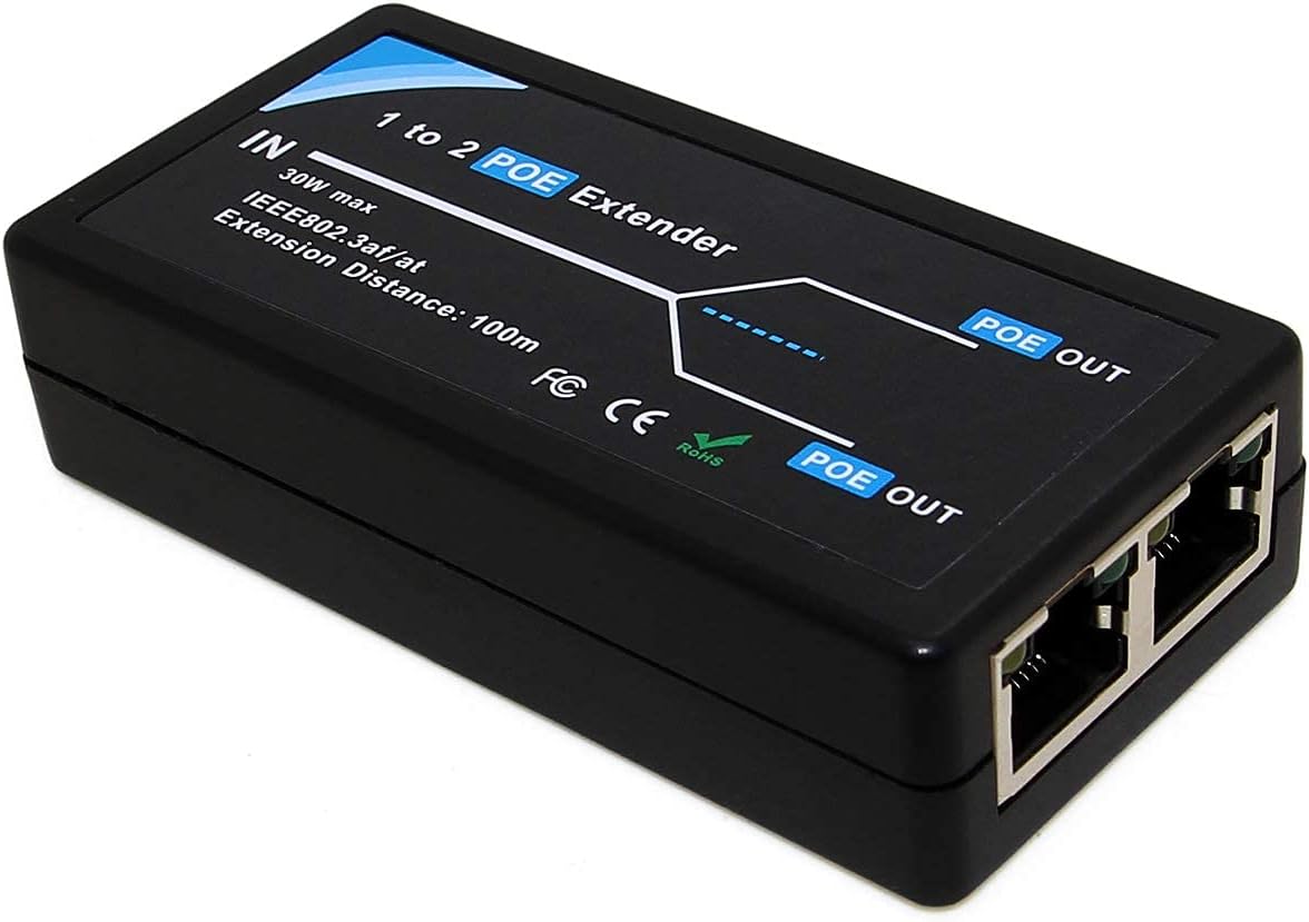 2 Port POE Extender Repeater 100 Meters 1 in 2 Out 10,100Mbps for Security POE Camera Over Cat5/Cat6 Cables A25893