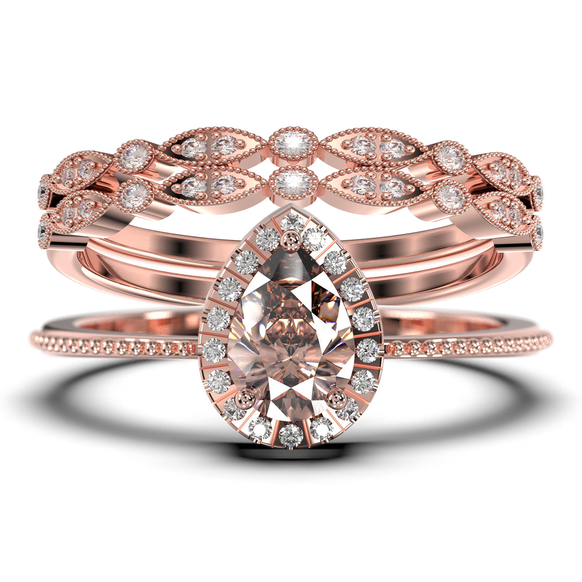 Vintage Pear Cut Morganite And Diamond Moissanite Engagement Ring Set in 925 Sterling Silver With 18k White Gold Plating J84270