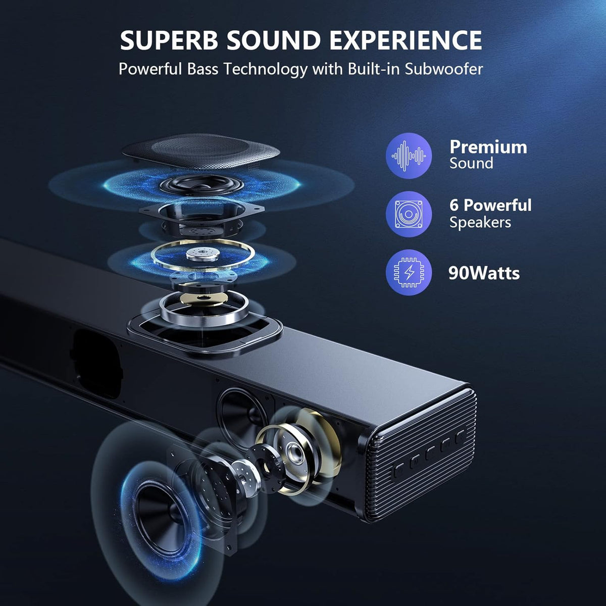 38 Inch Sound Bar with Dual Built-in Subwoofer, 90W, Bluetooth 5.0, Black Z258