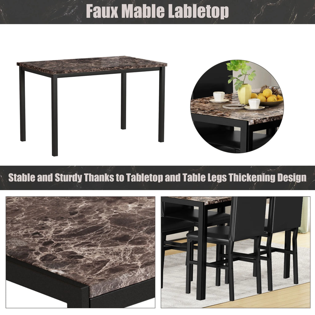 5 Piece Faux Marble Rectangular Dining Table Set with 4 Upholstered Metal Chairs W9041