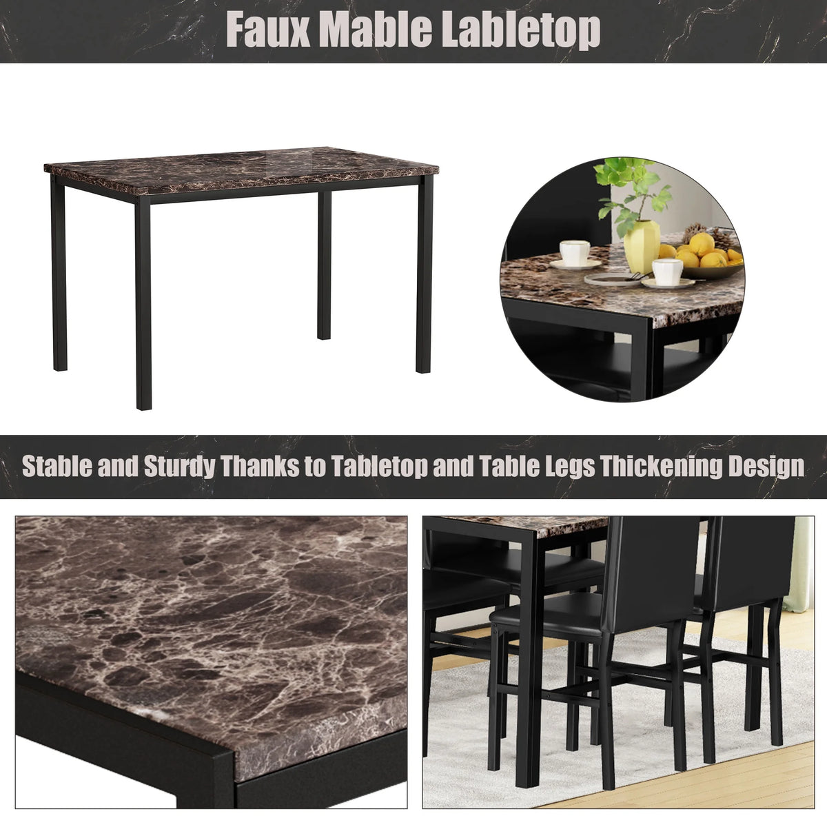 5 Piece Faux Marble Rectangular Dining Table Set with 4 Upholstered Metal Chairs W9041
