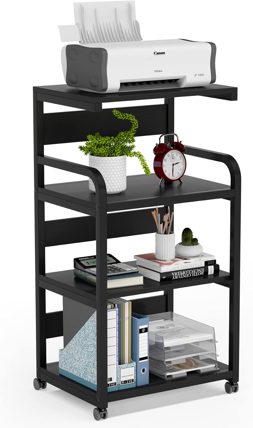 White 4-Shelf Mobile Printer Stand with Storage Shelves on Wheels F179144