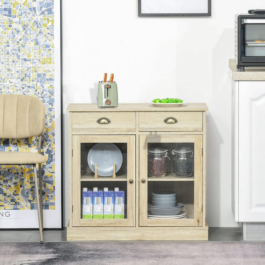 Rustic Oak Sideboard Storage Cabinet with 2 Glass Doors and 2 Drawers O86163