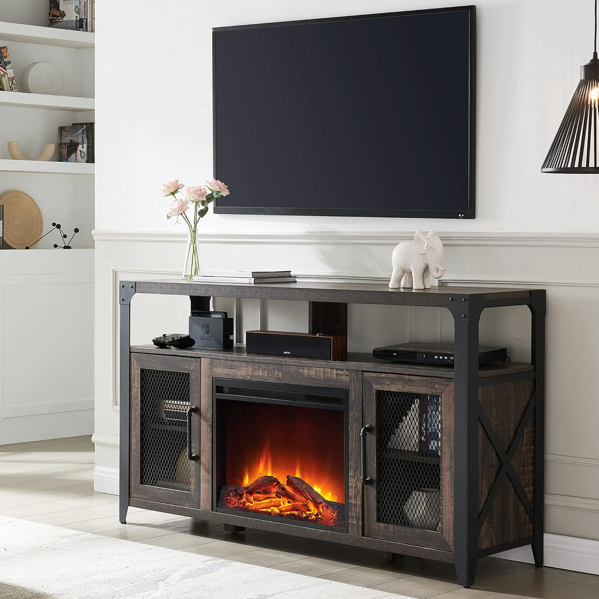 Dark Rustic Oak TV Stand with Metal Frame P96369