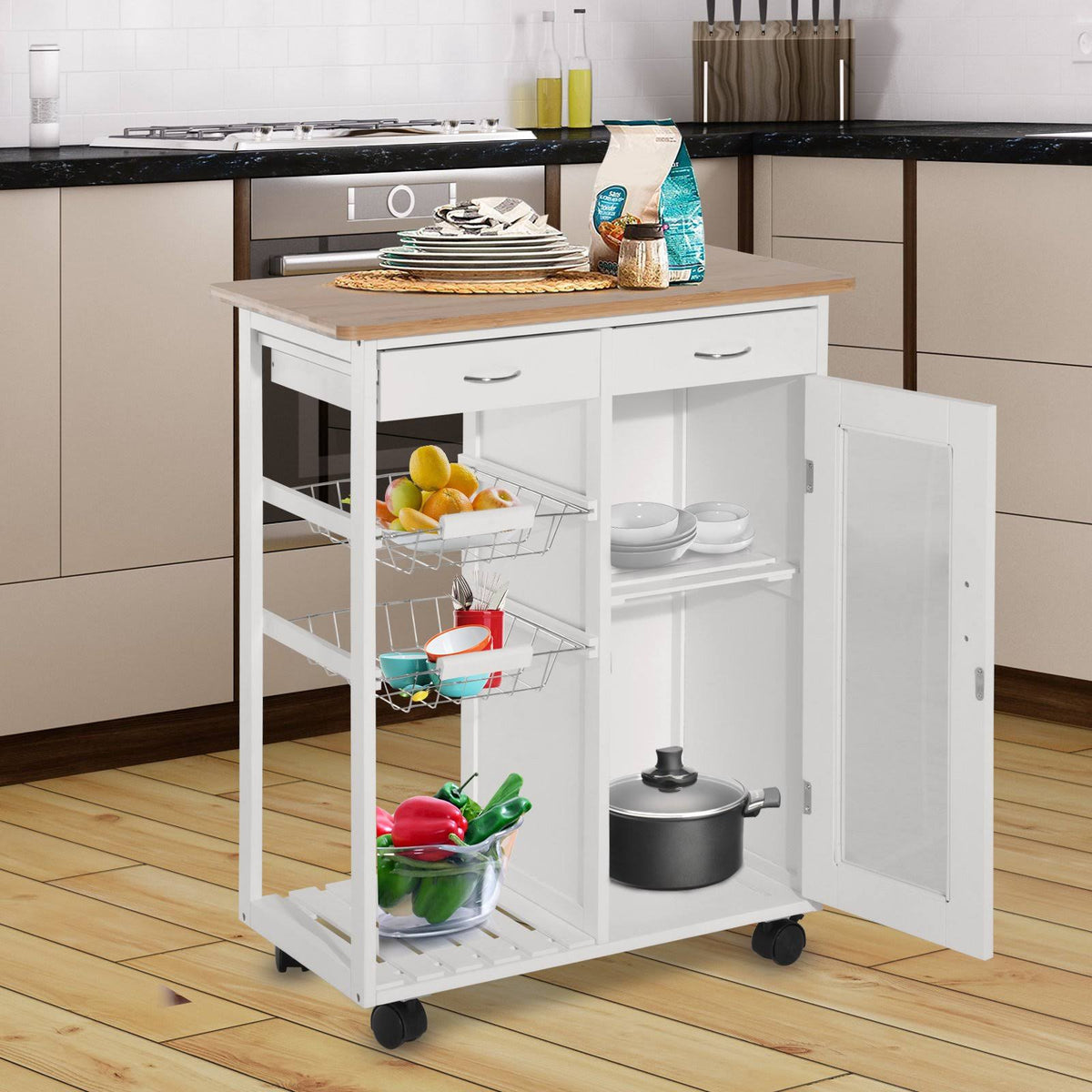 Rolling Kitchen Trolley Serving Cart with Drawers and Cabinet Q68401