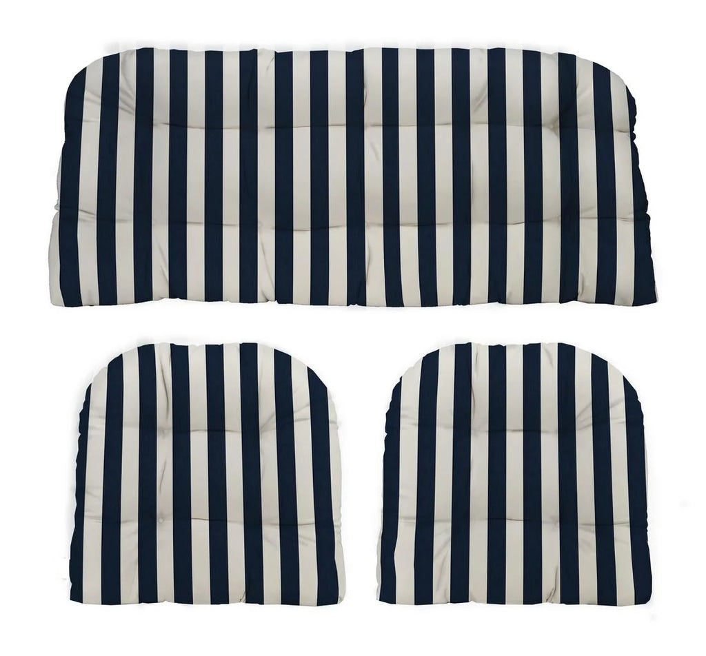 3 Piece Tufted Wicker Cushion Set, Navy Blue & White Stripe M9599