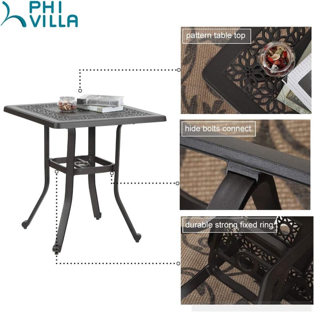 27.5 Patio Cast Aluminum Square Bistro Dining Table with Umbrella Hole V63473