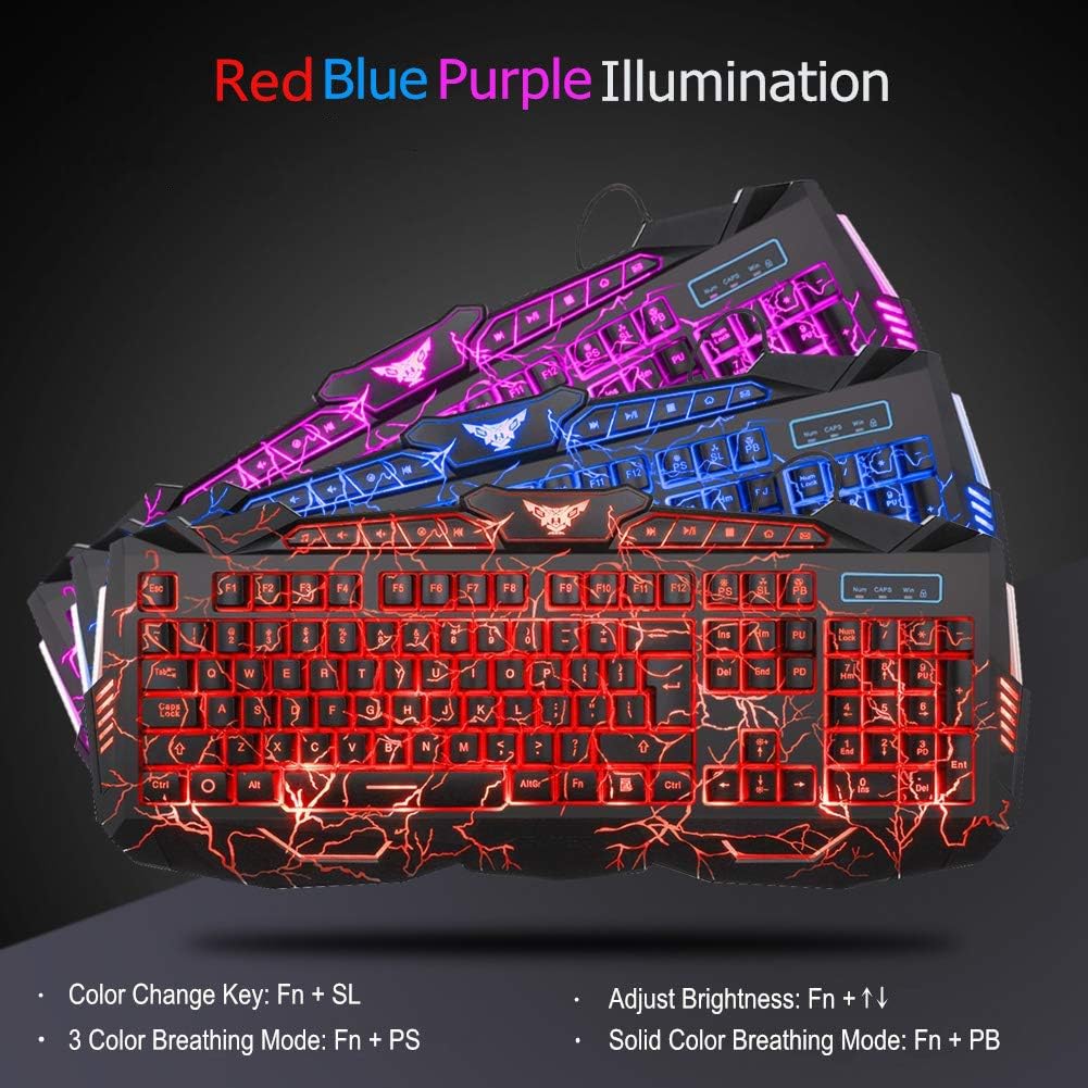 Gaming Keyboard Mouse Headset Combo, USB Wired Backlit Keyboard, 114 Keys LED Keyboard, Red LED Headset M806