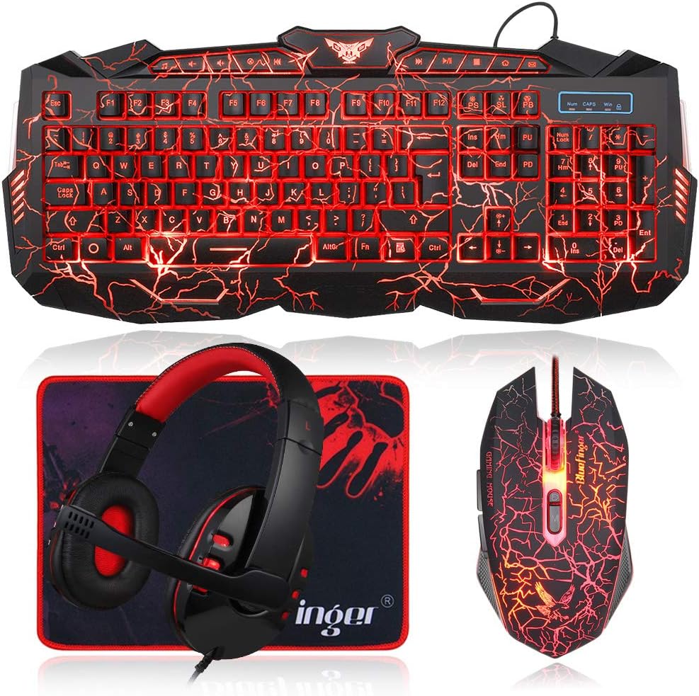 Gaming Keyboard Mouse Headset Combo, USB Wired Backlit Keyboard, 114 Keys LED Keyboard, Red LED Headset M806