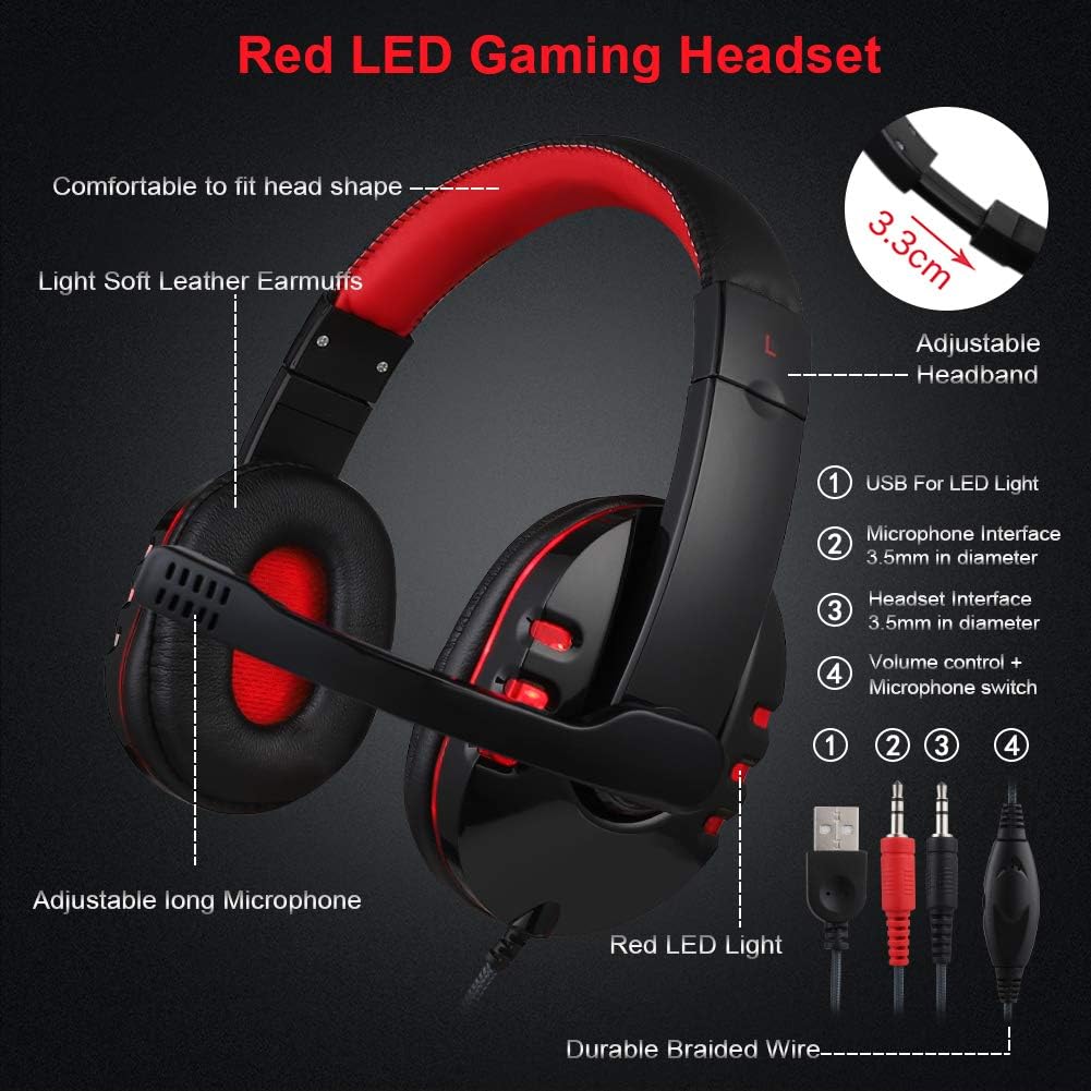 Gaming Keyboard Mouse Headset Combo, USB Wired Backlit Keyboard, 114 Keys LED Keyboard, Red LED Headset M806