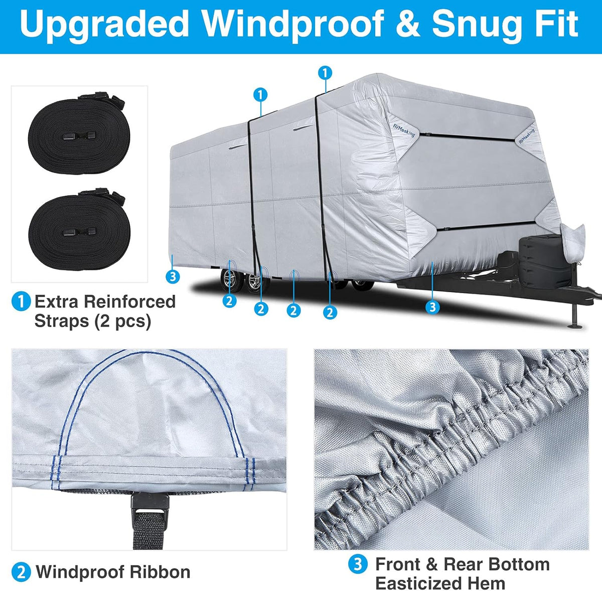Rip-Stop RV Cover Fits 15'1" - 18' Long Motorhome, Waterproof Camper Cover with Gutter Covers L43511
