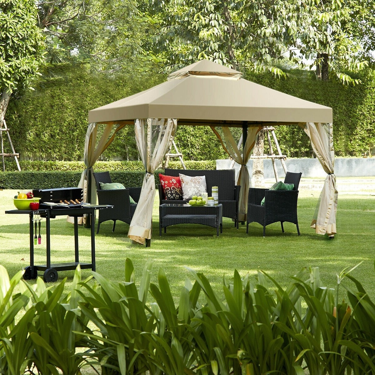Tan Brown Polyester Gazebo with Mesh Side Walls P647901