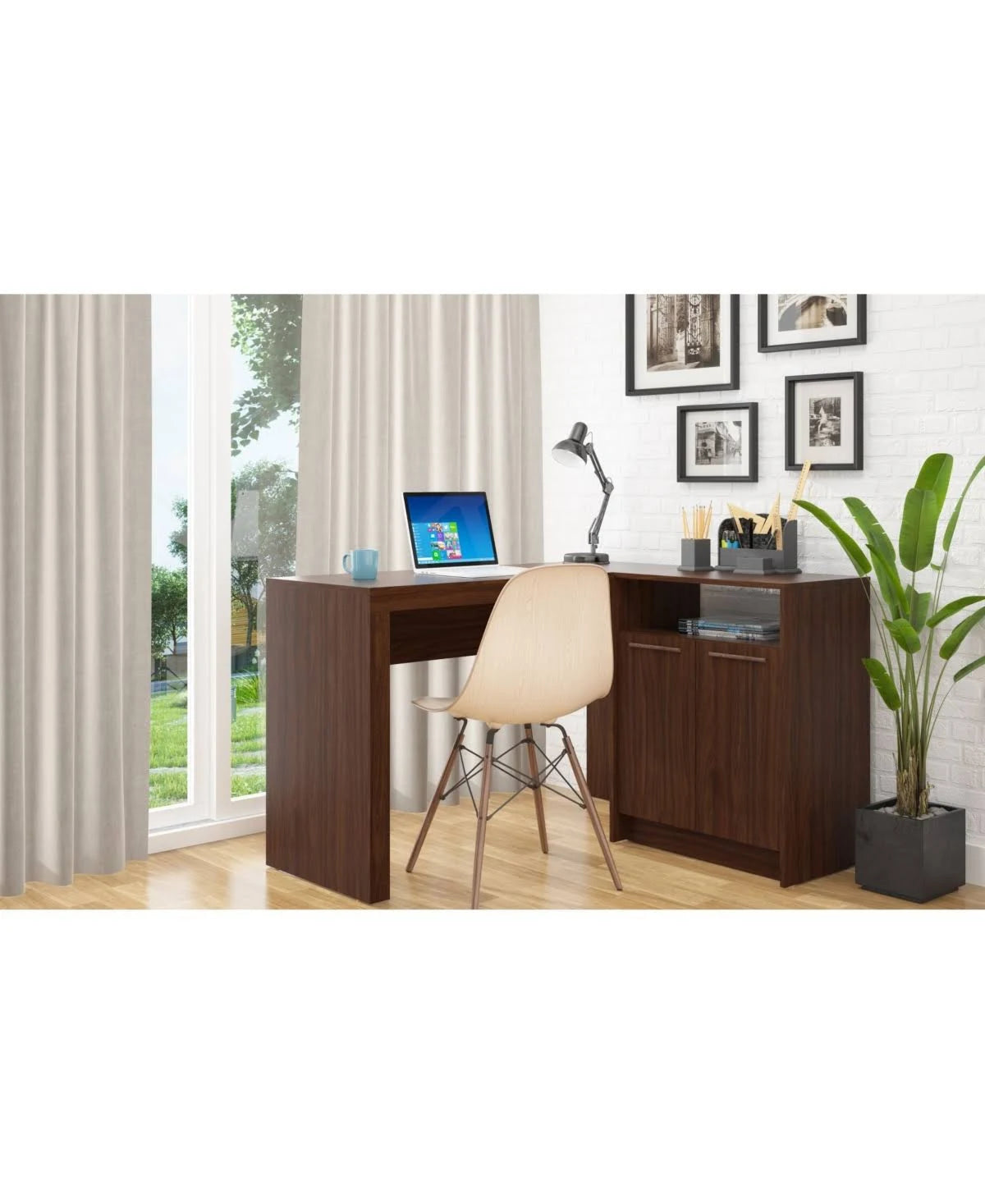 White L-Shaped Office Desk with Cabinet H6551
