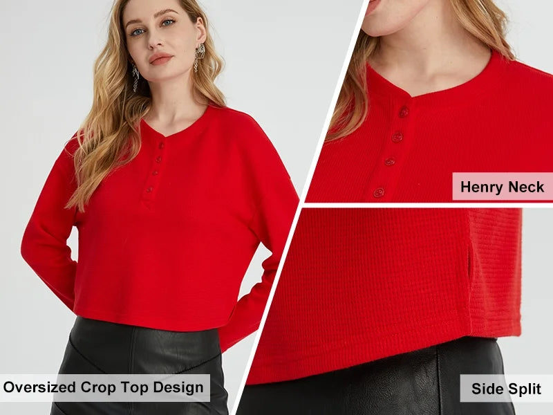 Oversized Long Sleeve Crop Top Waffle Ribbed F89179