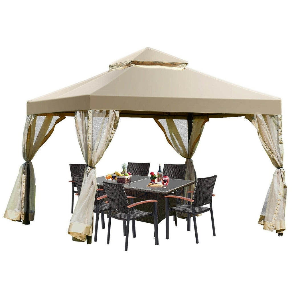 Tan Brown Polyester Gazebo with Mesh Side Walls P647901