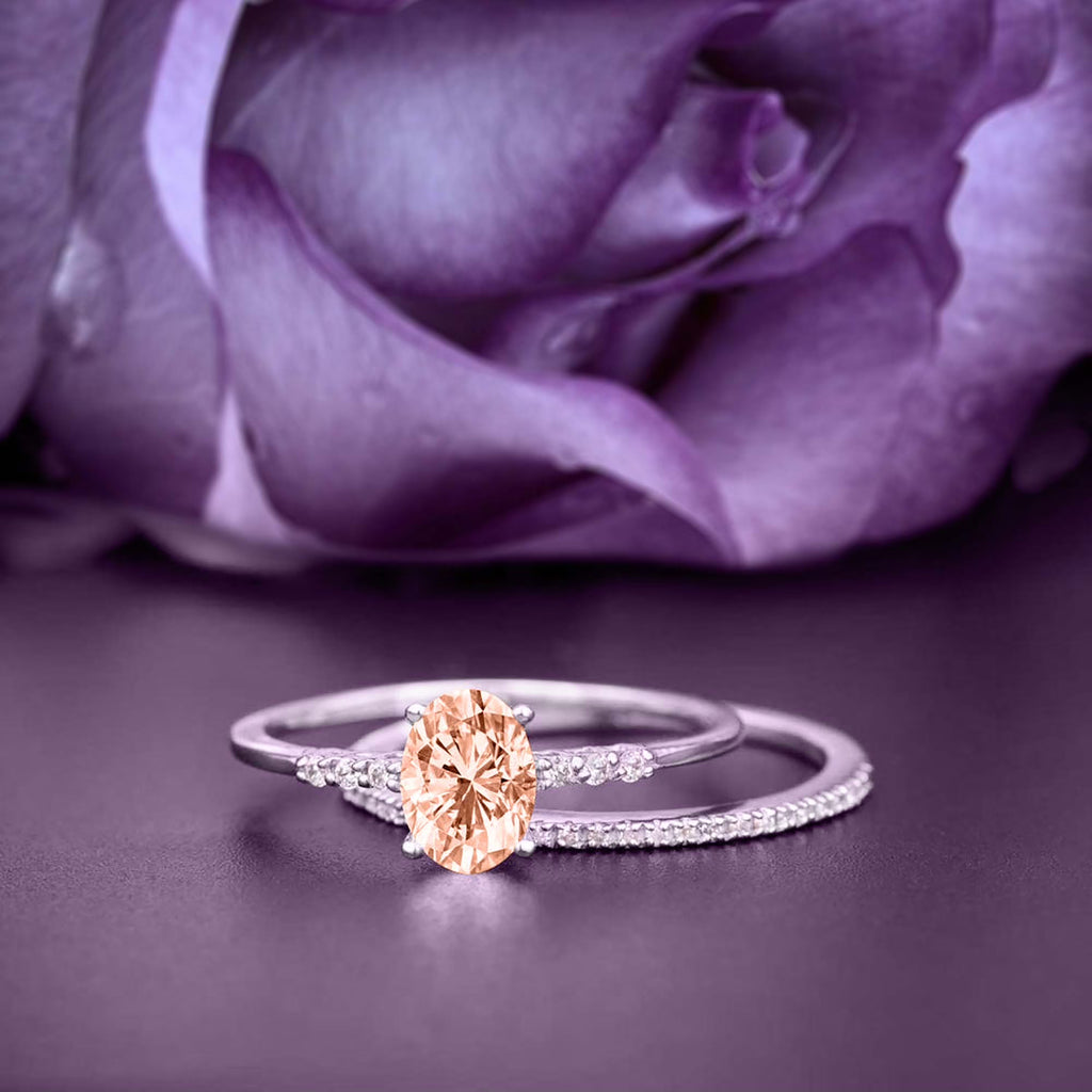 2.00 Carat Oval Cut Morganite And Diamond Moissanite Engagement Ring Set in 925 Sterling Silver With 18k White Gold Plating D105920
