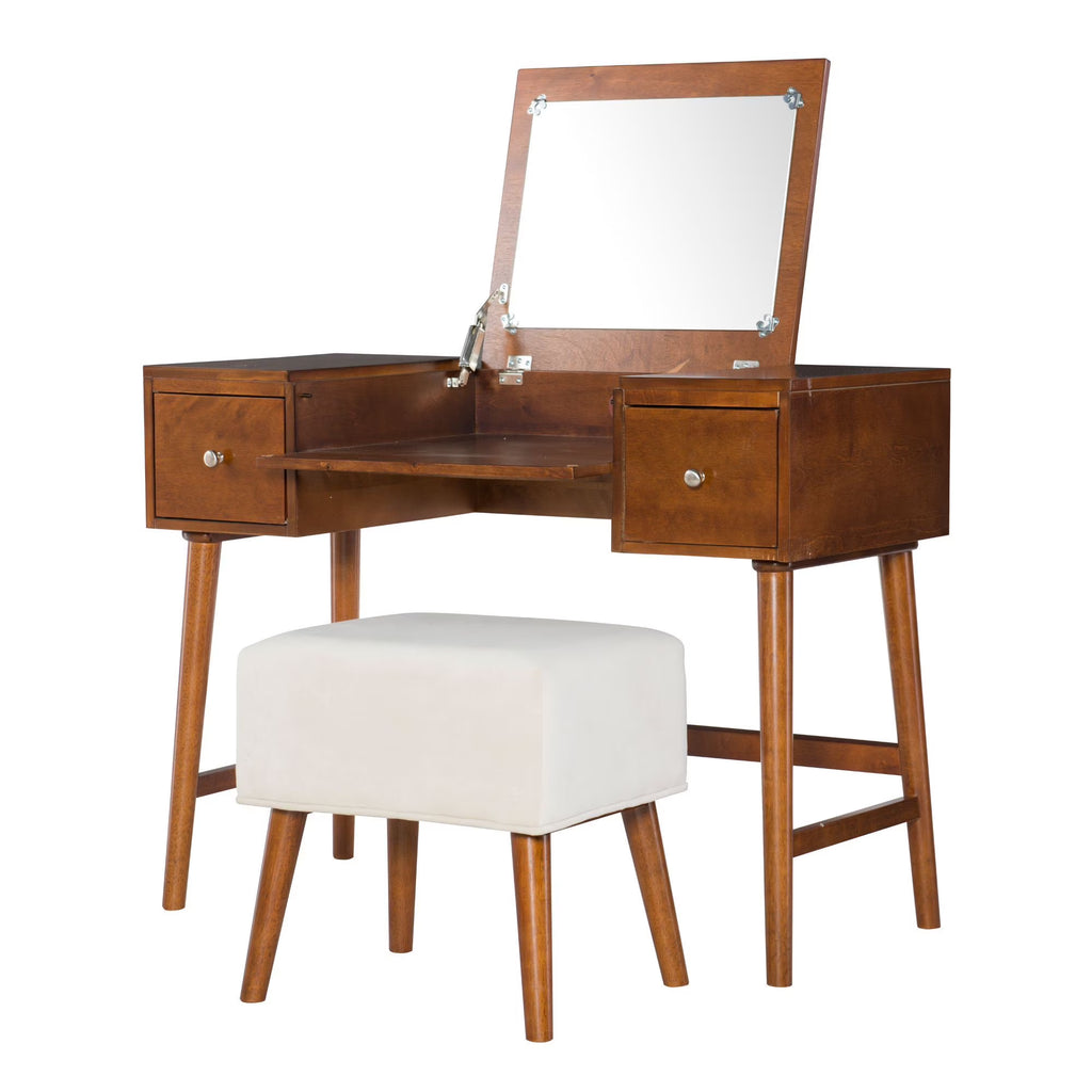 Walnut Brown Mid Century Vanity Set with Mirror and Stool K6511
