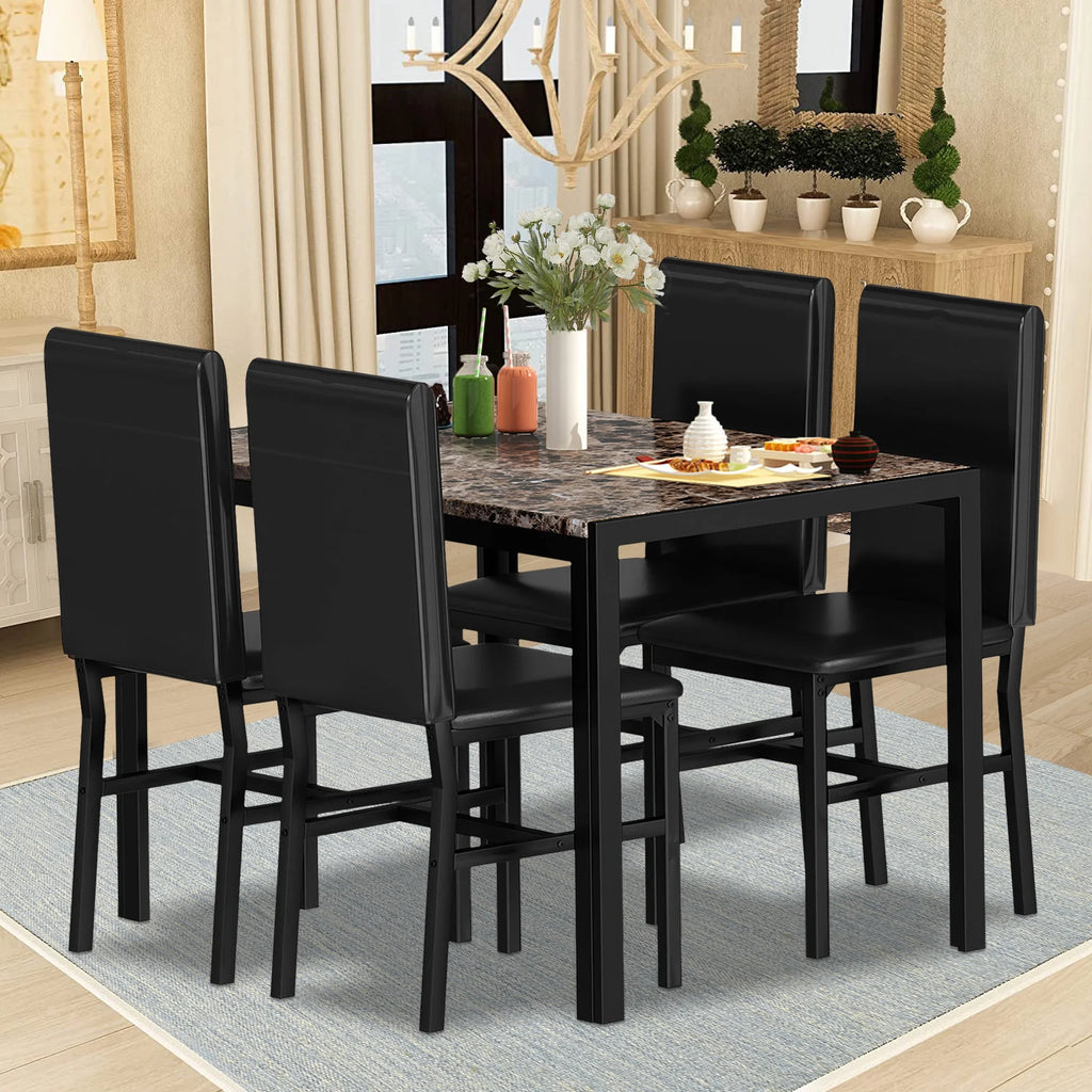 5 Piece Faux Marble Rectangular Dining Table Set with 4 Upholstered Metal Chairs W9041