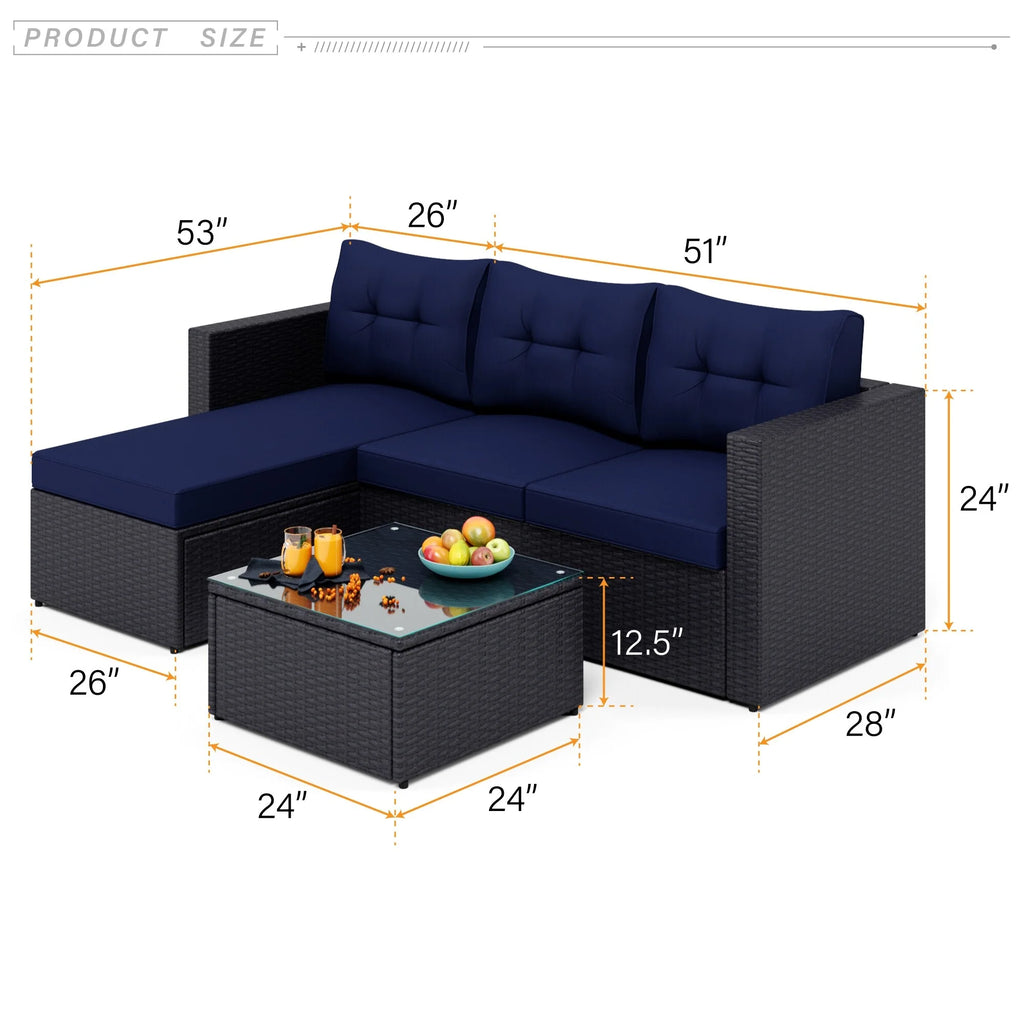 Blue 5-Piece Rattan Patio Sectional Sofa Set with Coffee Table I114833