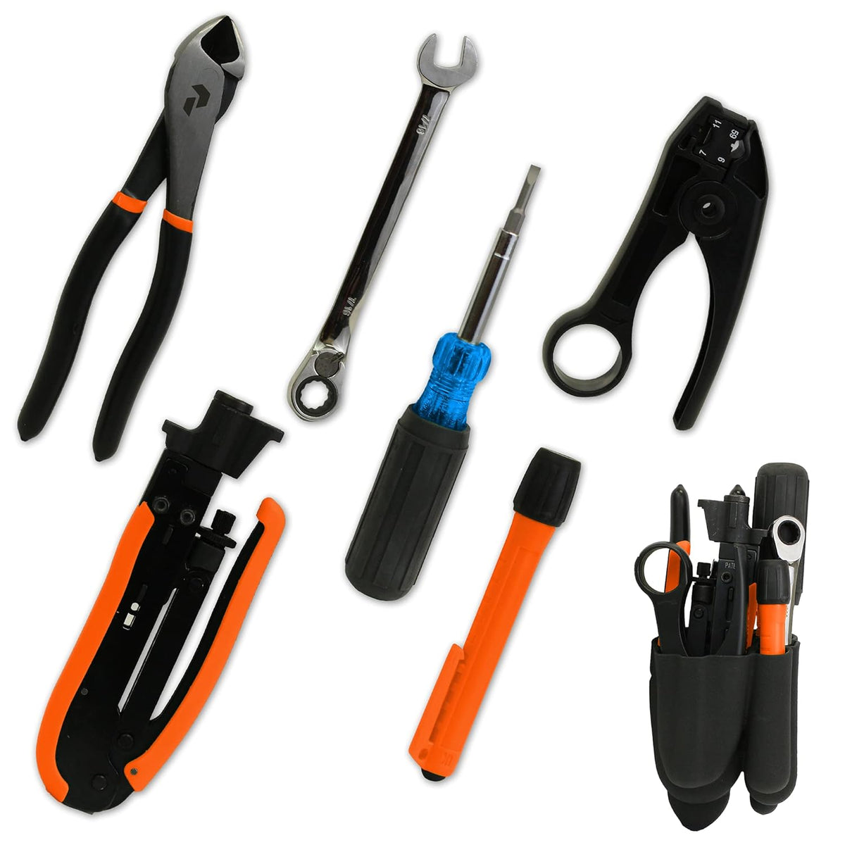 Coax Tool Kit with Crimper, Cable Stripper, Flashlight, Multi-Tool, Pliers, Wrench, Grip Pack O8055
