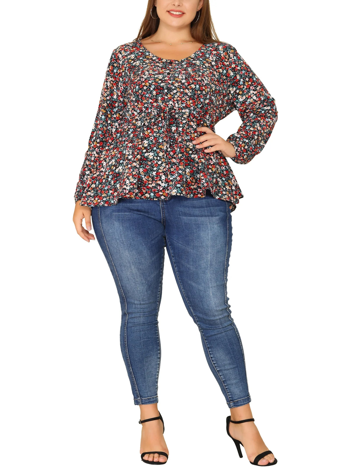 Plus Size V Neck Ruffle Flowy Tunic Blouse S68970